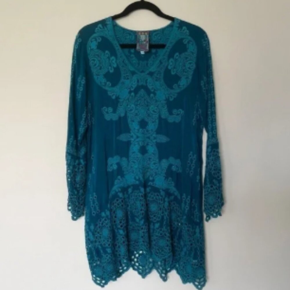 JOHNNY WAS EMBROIDERED TEAL DRESS XS